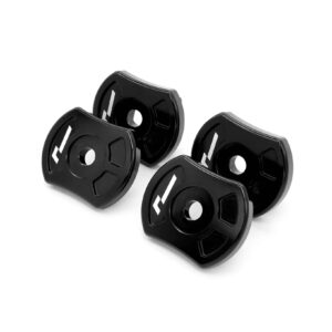 Set of black barbell weight plates with white numbers, arranged on a white background