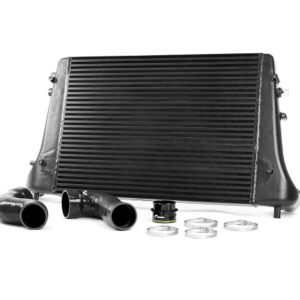 Car intercooler with black hoses and metal hose clamps on a white background.
