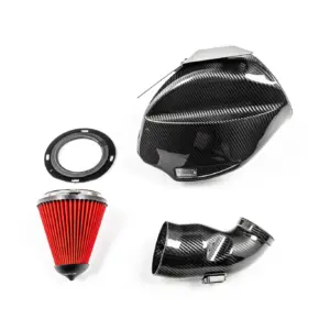 Carbon fiber motorcycle exhaust and red pleated air filter parts arranged on a white background, showing performance components pool.