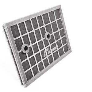 Rectangular metal air filter with a grid pattern and two circular mounting holes