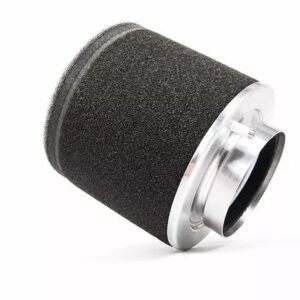 Cylindrical black foam air filter with a silver metal end cap, angled to the side.