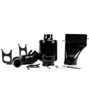 Black aftermarket car air intake kit parts laid out on a white background, including hoses, clamps, brackets, and a large cylindrical housing.