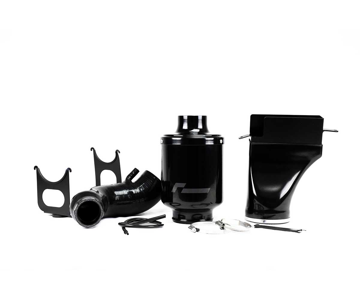 6R_polo_GTIjpg - OPSHOLDERS Black aftermarket car air intake kit parts laid out on a white background, including hoses, clamps, brackets, and a large cylindrical housing.