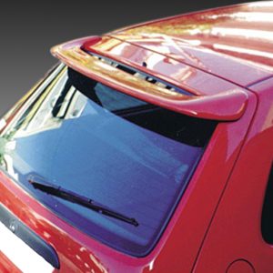 Red hatchback rear view with a spoiler and tinted rear window, showing the wiper on the back window.