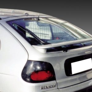 Rear of a white compact car with a subtle spoiler, red tail lights, and a metal mesh grille visible through the rear window; license plate blurred/obscured.