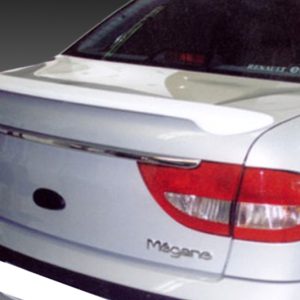 Rear view of a white Renault Megane hatchback, featuring a spoiler and red taillights.