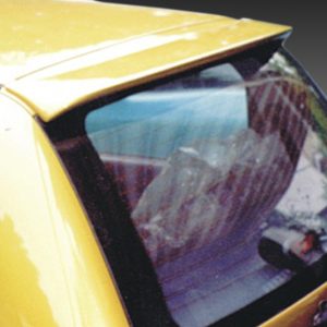 Close-up of the rear end of a yellow hatchback with a cracked rear window and visible interior items through the glass