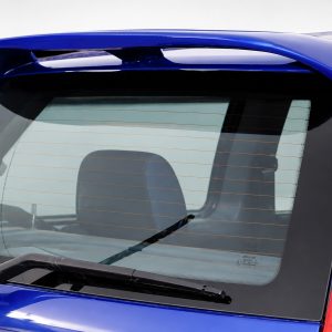 Blue hatchback rear window with defroster lines and a wiper, showing part of the tail light and spoiler edge