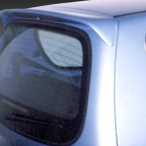 Blue hatchback viewed from the rear corner showing the curved rear window and small spoiler on top of the tailgate