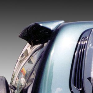 Close-up of a teal car with a bent hood and exposed wheel, shown against a gray gradient background. The image is a cropped side view showing part of the windshield and wheel area.