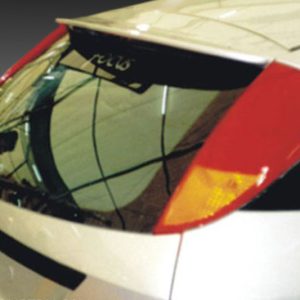 Close-up of a white hatchback rear, showing the curved rear window and orange taillight.