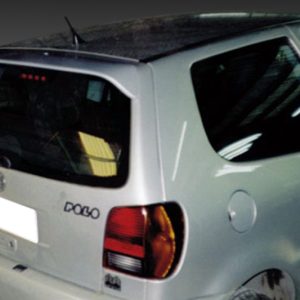 Silver hatchback car seen from the rear three-quarter angle, showing taillights, rear window, and side panel with a visible badge on the left side of the tailgate.