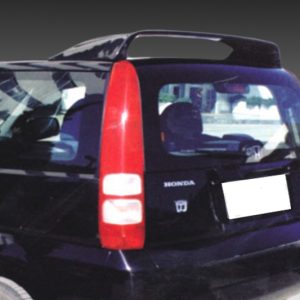 Rear view of a black Honda minivan with tall red taillights and a obscured license plate.