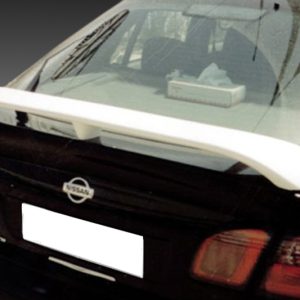Rear view of a black Nissan sedan with a white spoiler mounted on the trunk. The license plate is whiteed out for privacy.