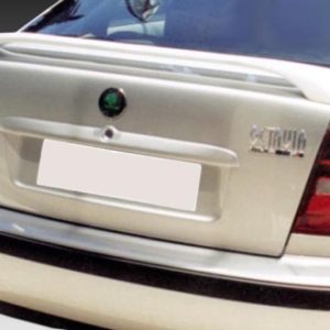 Rear view of a silver Skoda hatchback with a blanked license plate and badge visible on the trunk lid (likely Octavia).