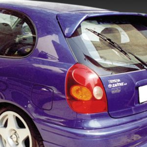 Purple hatchback viewed from the rear-left side, showing the back windshield wiper and taillights