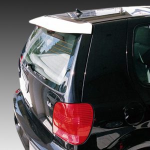 Black SUV rear-quarter view with red taillight, rear window, and small spoiler visible on the hatch edge.