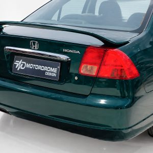 Rear view of a dark green Honda Civic with red taillights and a MotorDrome Design license plate area.