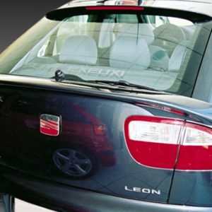 Rear of a dark blue SEAT Leon hatchback, showing the SEAT badge and LEON lettering on the tailgate