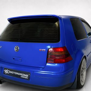 Blue Volkswagen Golf GTI hatchback shown from the rear-right side with a spoiler and dual exhausts visible