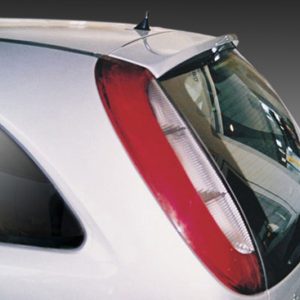 Rear view of a white hatchback showing a red taillight and curved rear window edge on a dark gradient backgroundQ3? No, just the car.
