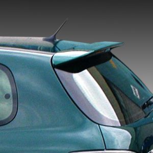 Rear quarter view of a teal hatchback car with a roof spoiler and curved rear window