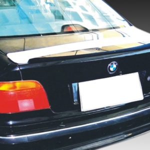 Rear view of a black BMW sedan showing red taillights and a blank license plate on the trunklid