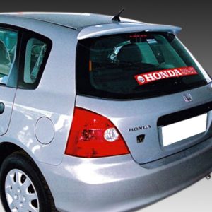 Rear three-quarter view of a silver Honda hatchback, showing the left rear and back window with a red Honda sticker.