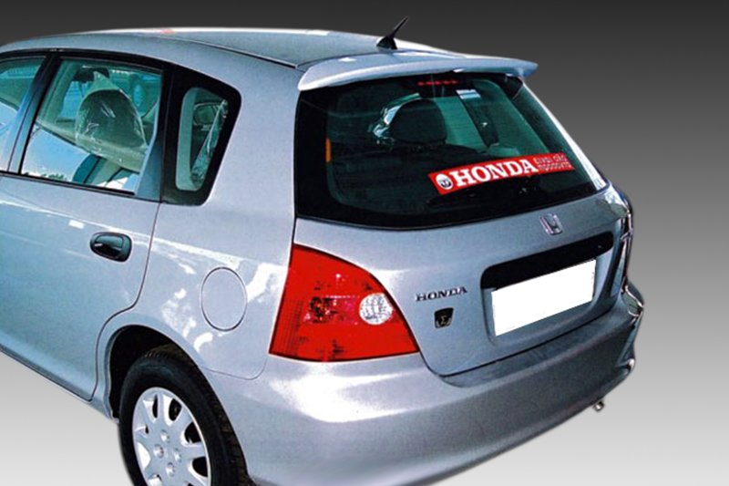 A-213_1jpg - OPSHOLDERS Rear three-quarter view of a silver Honda hatchback, showing the left rear and back window with a red Honda sticker.