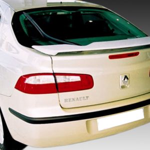 Rear view of a white Renault sedan with red taillights, Renault badge, and rear spoiler.