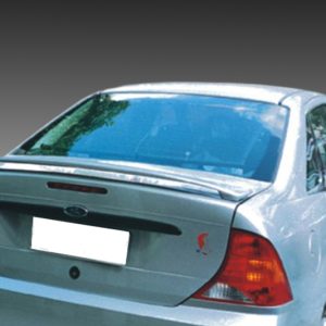 Rear view of a white Ford Focus with a blurred license plate and visible taillights