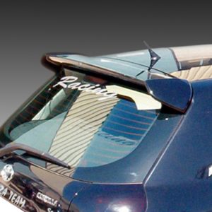 Dark blue hatchback rear with roof spoiler and rear wiper