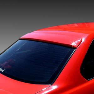 Red car with a glossy rear window and spoiler seen from angled top-left, bright reflections on the paint surface against a dark gradient backdrop