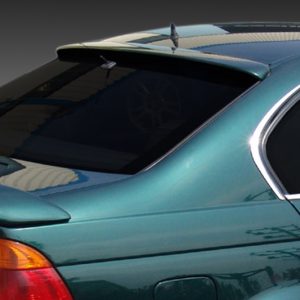 Rear quarter view of a teal BMW 320i, displaying the spoiler, rear window, and taillight on a gradient background? Not a gradient; side of car visible.