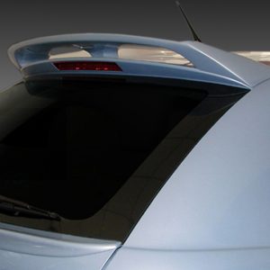 Rear of a silver hatchback showing a curved roof spoiler and tinted rear window glass.