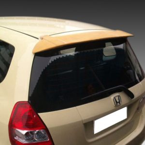Beige Honda hatchback viewed from the rear with a small spoiler and obscured license plate, against a gray gradient background.