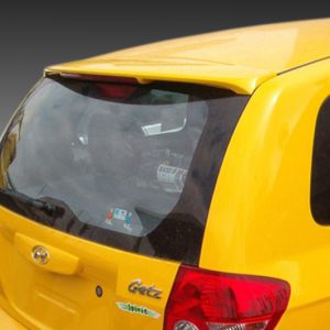 Rear view of a bright yellow Hyundai Getz hatchback with red taillights and rear window wiper.