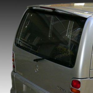 Rear view of a silver Mercedes-Benz Vito van, showing the rear window and wiper.