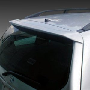 Silver SUV rear quarter view, showing the curved rear window and roof spoiler.
