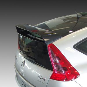 Rear view of a silver Citroën C4 hatchback with a dark rear window and a prominent spoiler.
