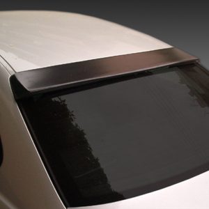 Silver car with a small rear spoiler on the trunk lid and a dark tinted rear window.
