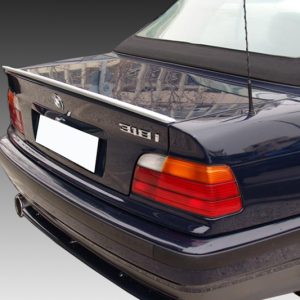 Rear view of a dark blue BMW 318i convertible, showing taillights, trunk, and dual exhausts on a gradient background.