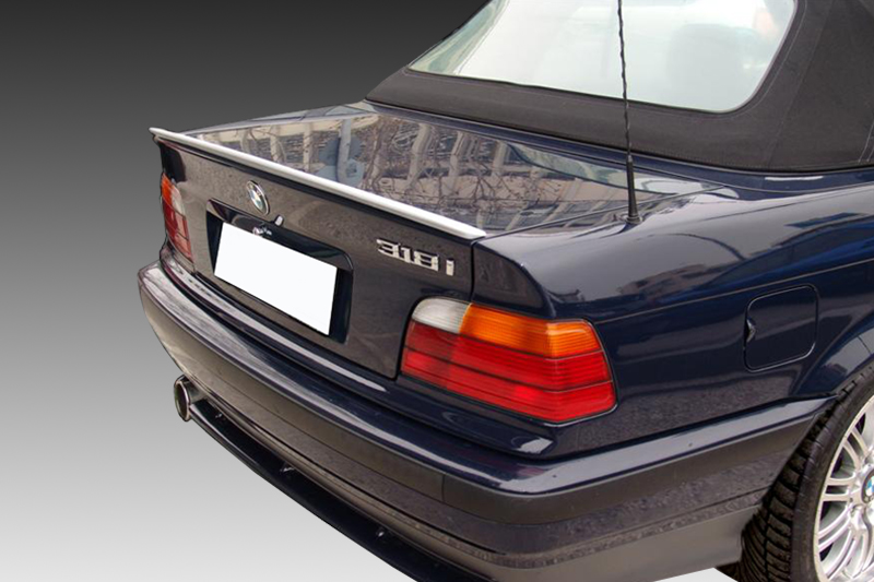 A-281_1jpg - OPSHOLDERS Rear view of a dark blue BMW 318i convertible, showing taillights, trunk, and dual exhausts on a gradient background.