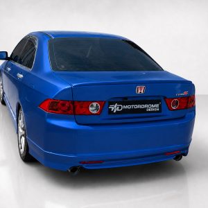 Rear view of a blue Honda sedan in a studio setting, featuring a Motordrome Design badge on the trunk.