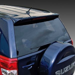 Rear view of a blue Suzuki SUV, showing the hatch, rear window, and tail lights.