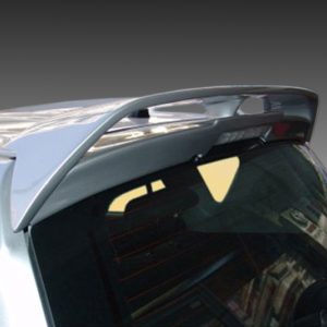 Rear spoiler mounted on the tailgate of a silver hatchback car with a curved wing design.
