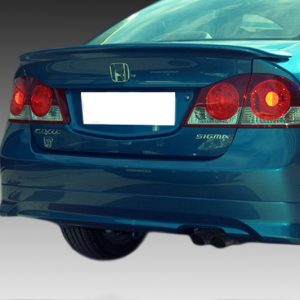 Rear view of a blue Honda Civic with a spoiler, red taillights, and dual exhausts visible underneath the bumper.