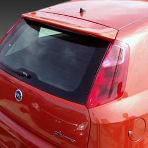Rear three-quarter view of an orange Fiat Punto hatchback, showing the rear windshield, wiper, and taillights on a gradient background.