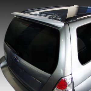 Rear three-quarter view of a silver SUV from above, showing hatch, taillight, and roof spoiler.