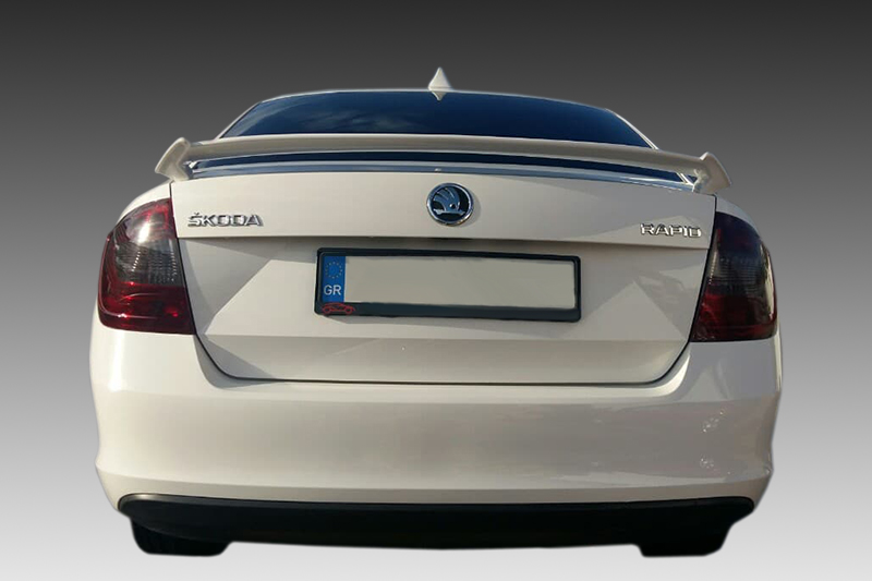 A-310_2-1jpg - OPSHOLDERS Rear view of a white Škoda Rapid sedan with a Greek license plate (GR) and a spoiler on the trunk lid